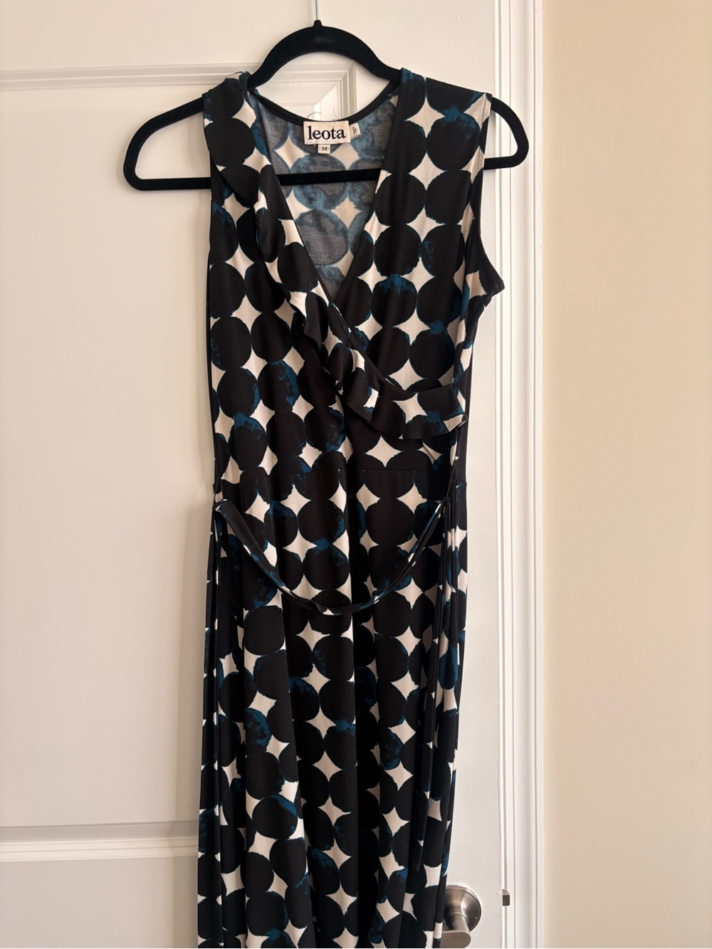 Leota Black & White Polka Dot Wrap Maxi Dress with Navy Accents